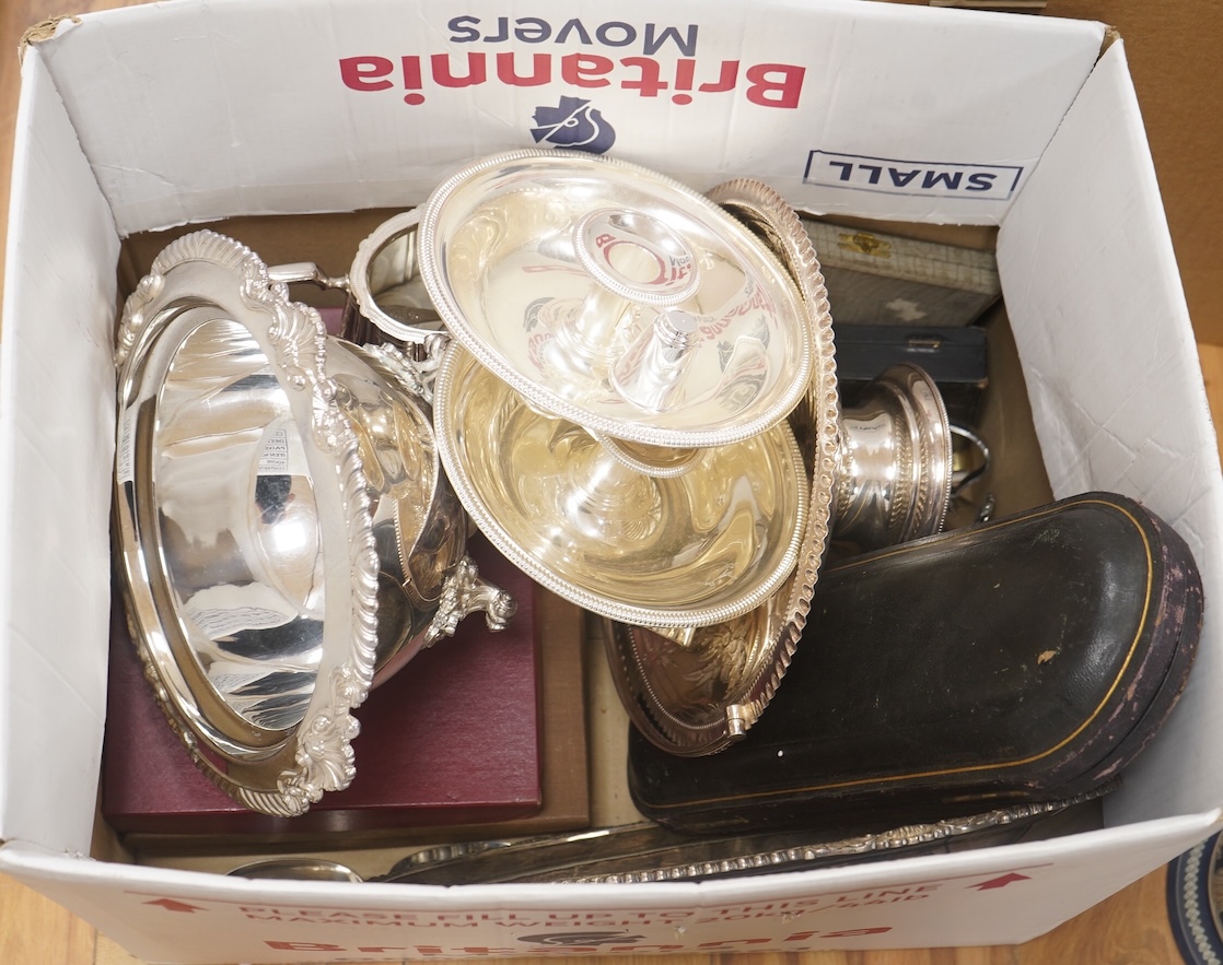 A collection of plated items, including a pair of candle holders, coffee pot, a jasper ware biscuit box and similar pot without cover